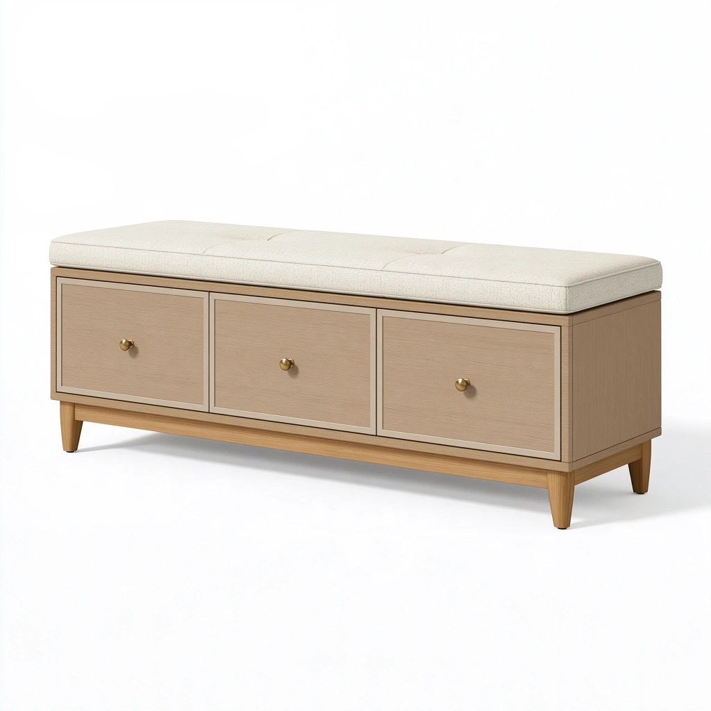 Banc de rangement 120 x 40 x 50 cm en bois beige avec assise rembourrée style contemporain