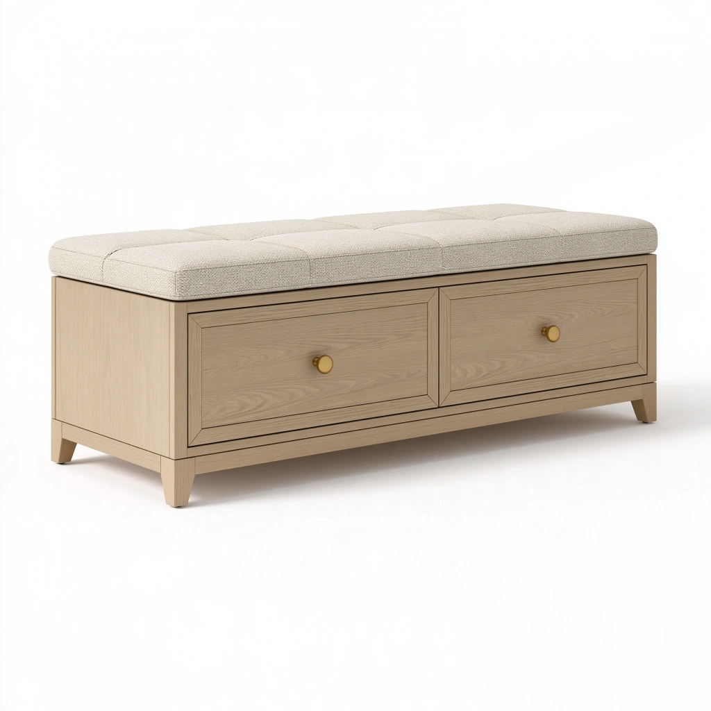 Banquette de rangement 120 x 40 x 50 cm en bois beige avec assise rembourrée et 2 tiroirs
