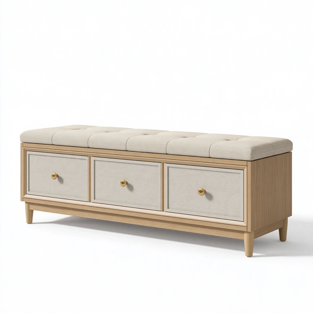Banc de rangement 120 cm en bois beige avec coussin rembourré et 3 tiroirs