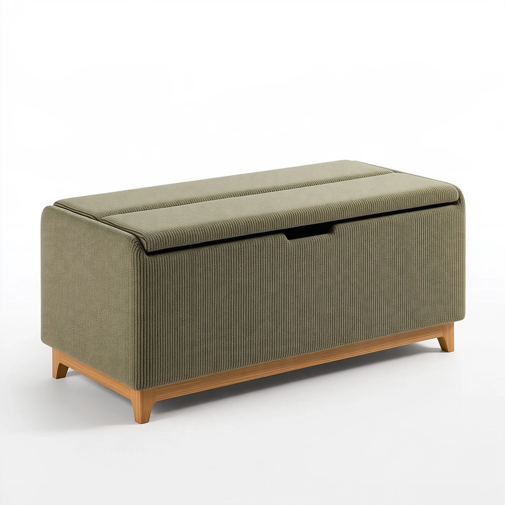 Banc coffre 100 x 40 x 48 cm en tissu beige avec piètement en bois - rangement rembourré contemporain