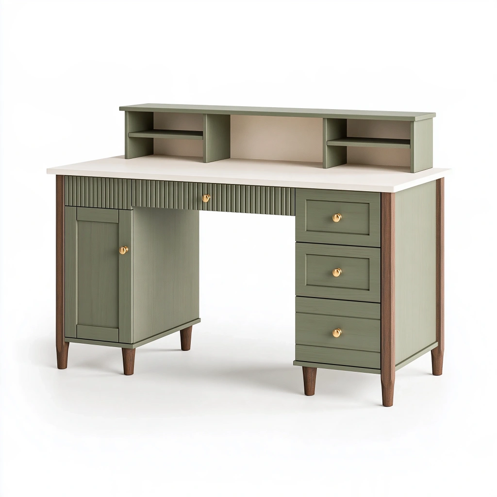 Bureau 140 x 60 x 95 cm en bois vert avec rangements style rétro