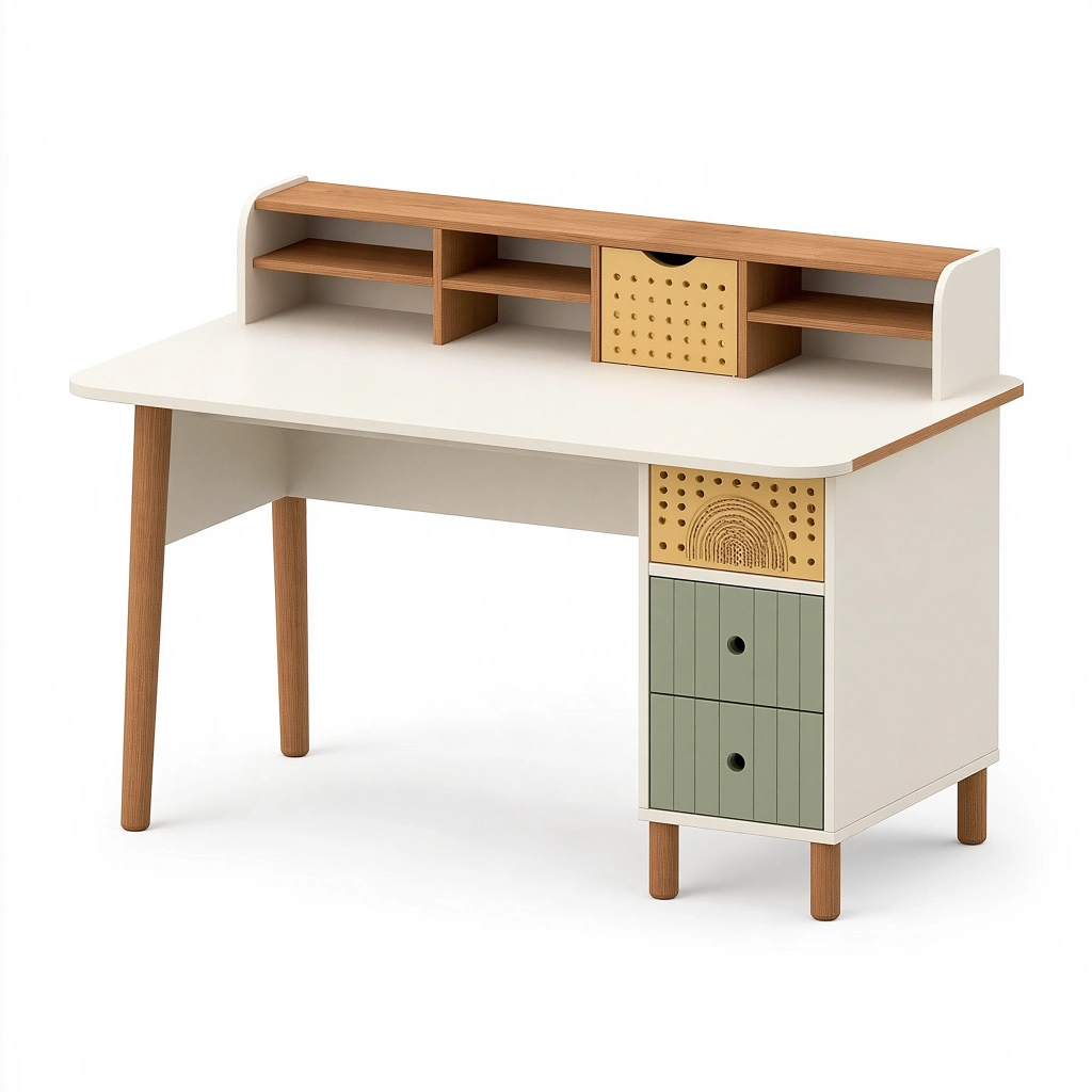 Bureau enfant 120 x 60 x 100 cm en bois blanc/vert/naturel avec rangement