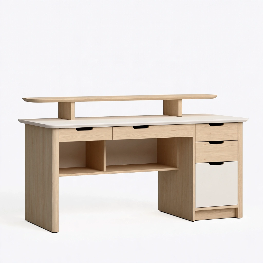 Bureau 120 x 60 x 110 cm en panneaux finition bois naturel et blanc avec rangements