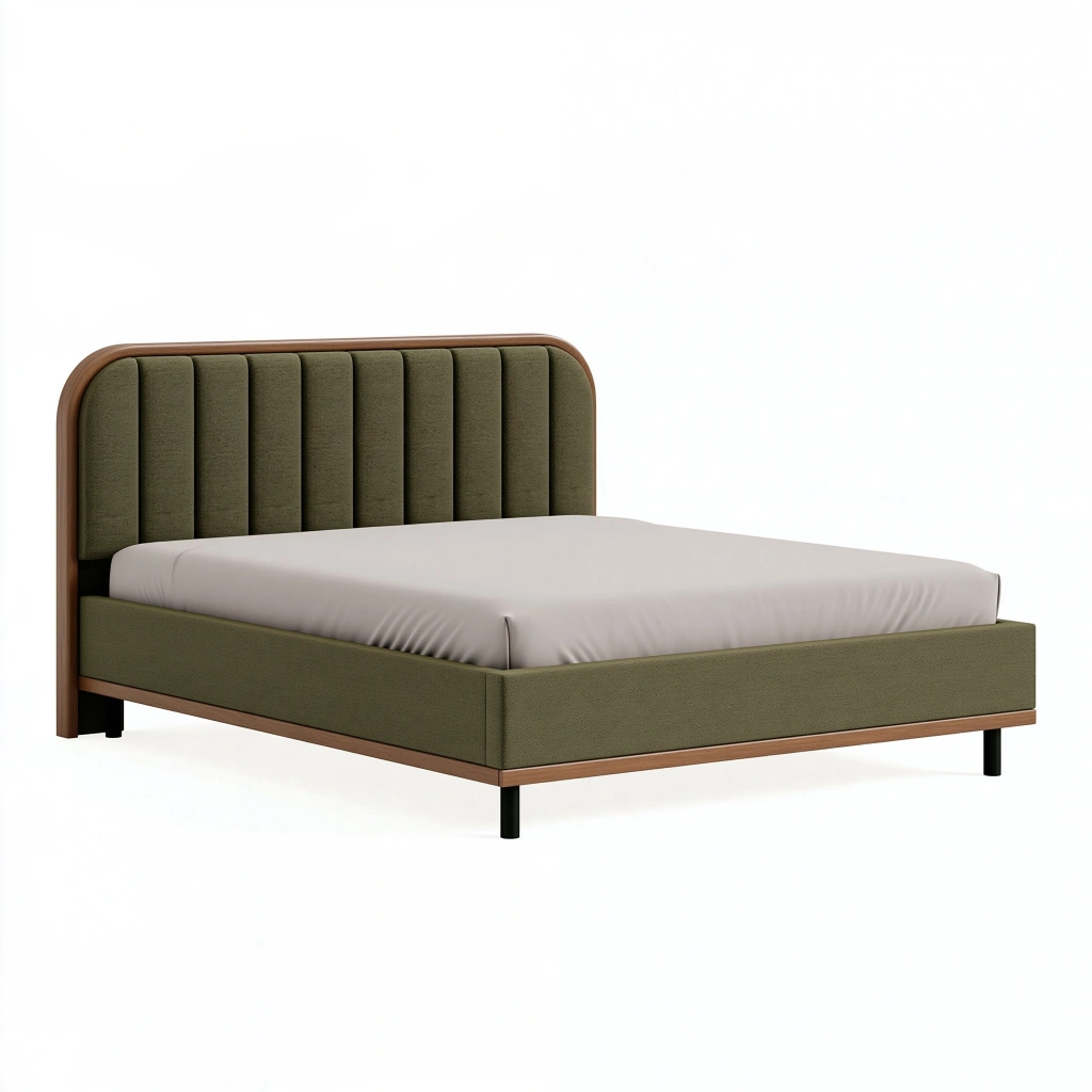 Lit 160 x 200 cm en tissu vert olive et bois avec tête de lit capitonnée