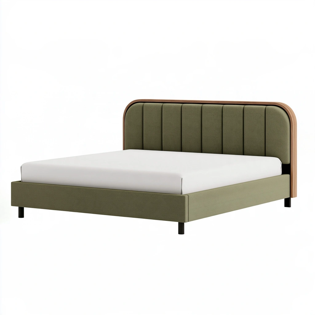 Lit double 160 x 200 cm vert olive en tissu et bois avec tête de lit capitonnée