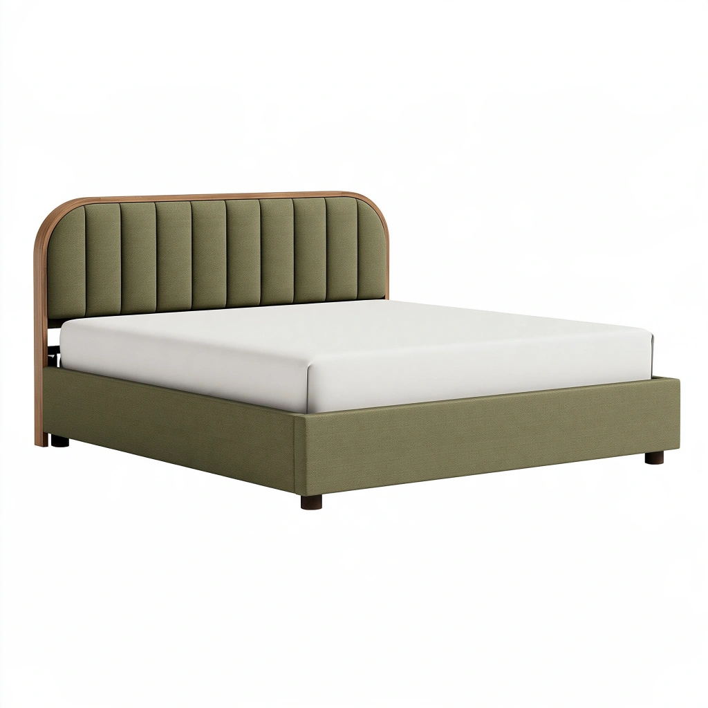 Lit double 160 x 200 cm tissu vert olive cadre en bois style contemporain