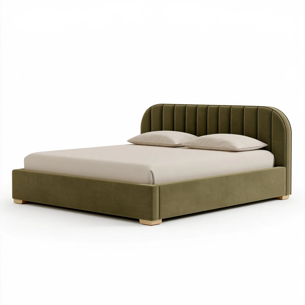 Lit double 160 x 200 cm en tissu vert olive à tête de lit capitonnée