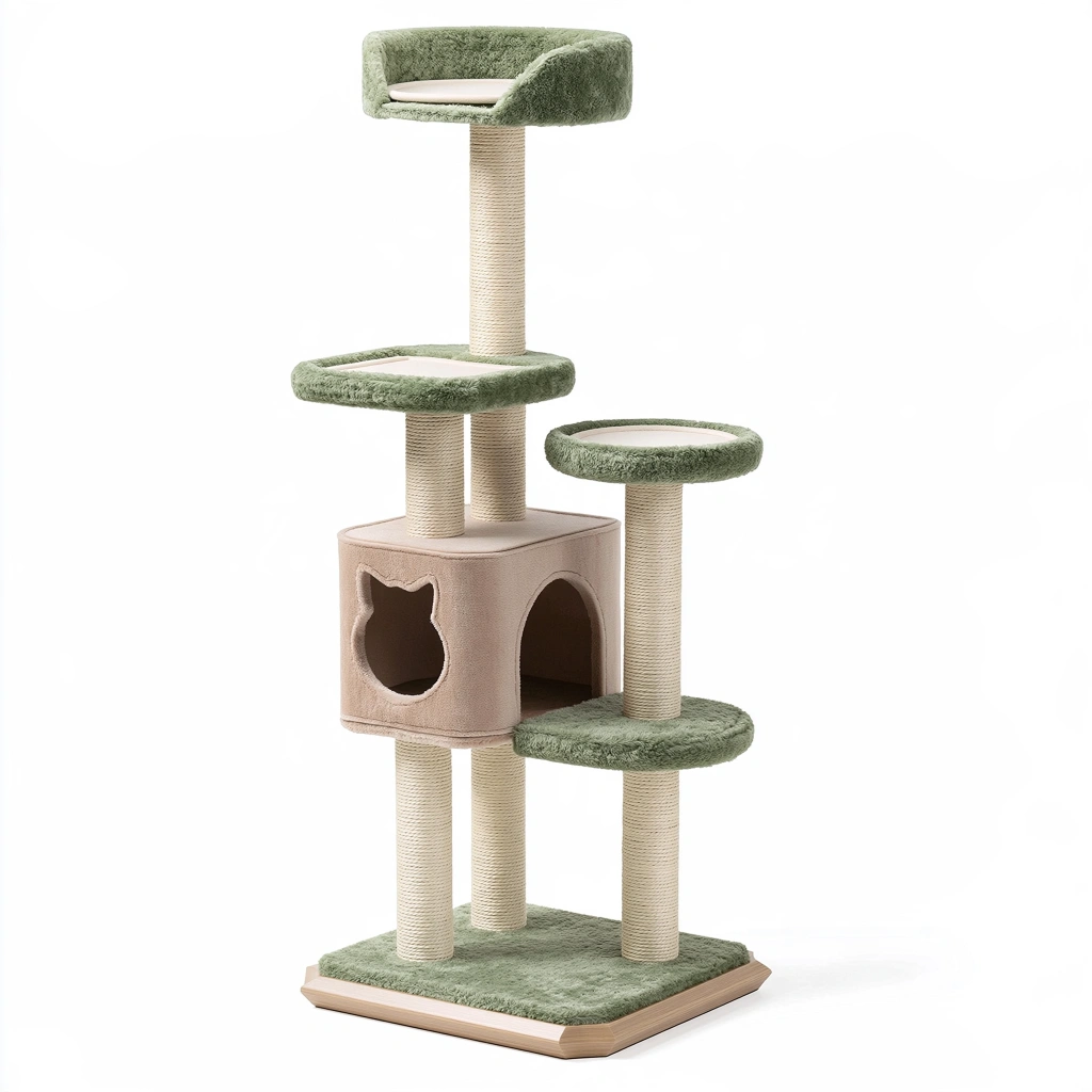 Arbre à chat 60 x 50 x 160 cm en sisal et tissu peluche vert sauge beige avec niches et plateformes
