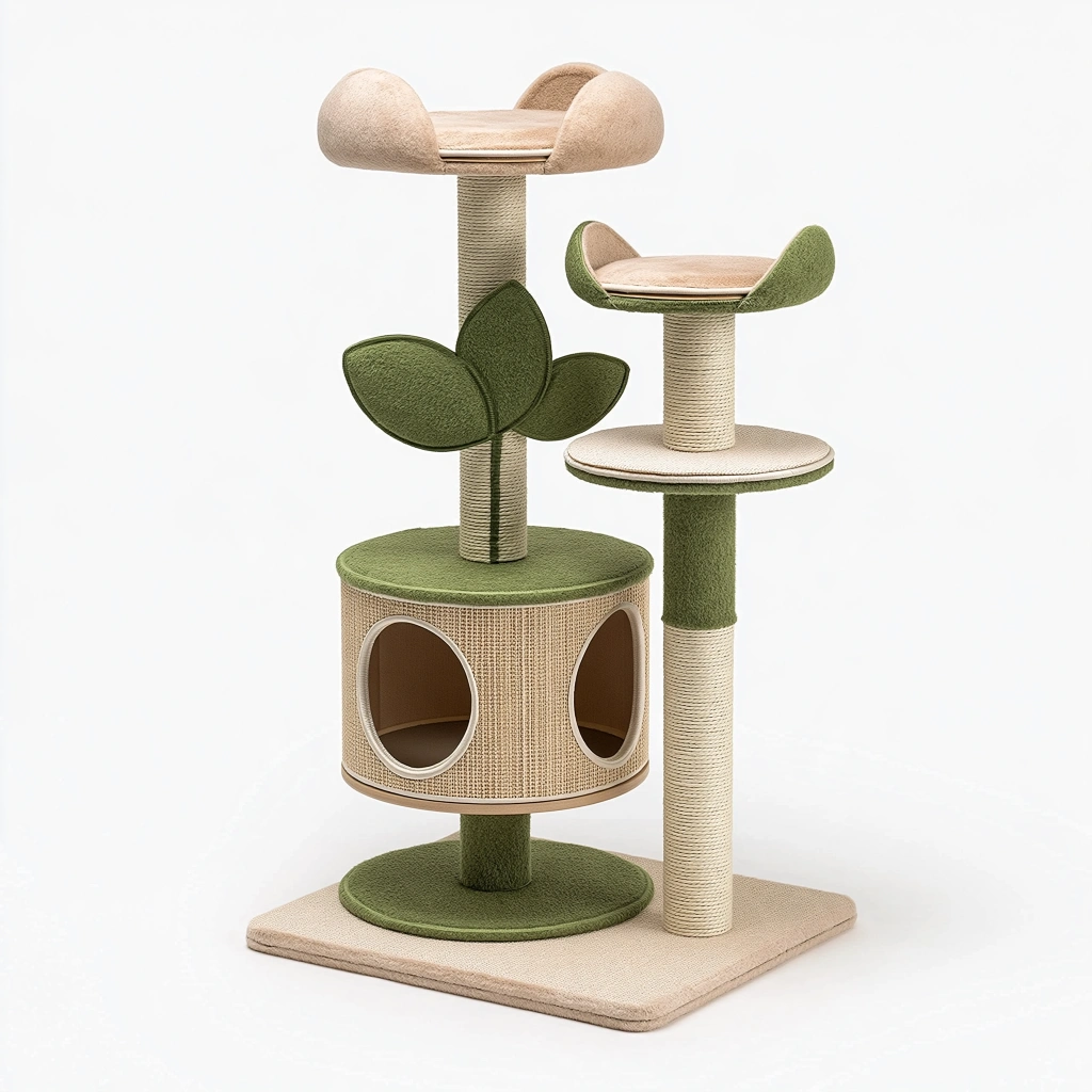 Arbre à chat 60 x 60 x 130 cm en sisal beige et vert avec griffoirs et niches