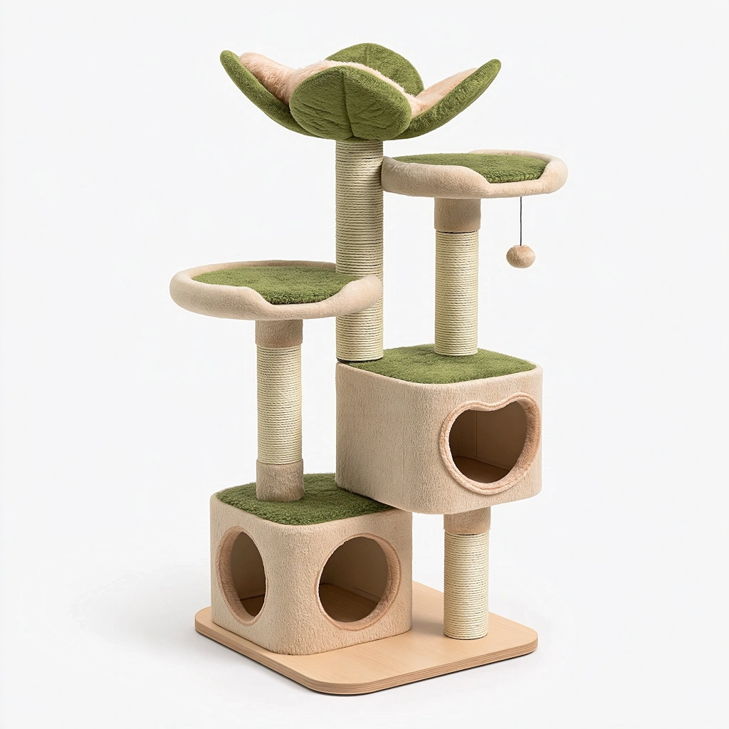 Arbre à chat 60 x 50 x 135 cm en sisal et tissu beige vert avec niches plateformes et griffoirs