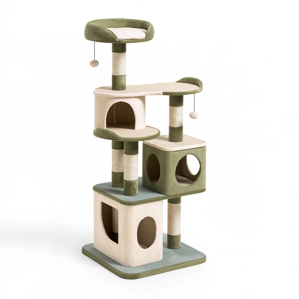 Arbre à chat 60 x 50 x 145 cm en tissu vert et beige avec griffoirs et niches