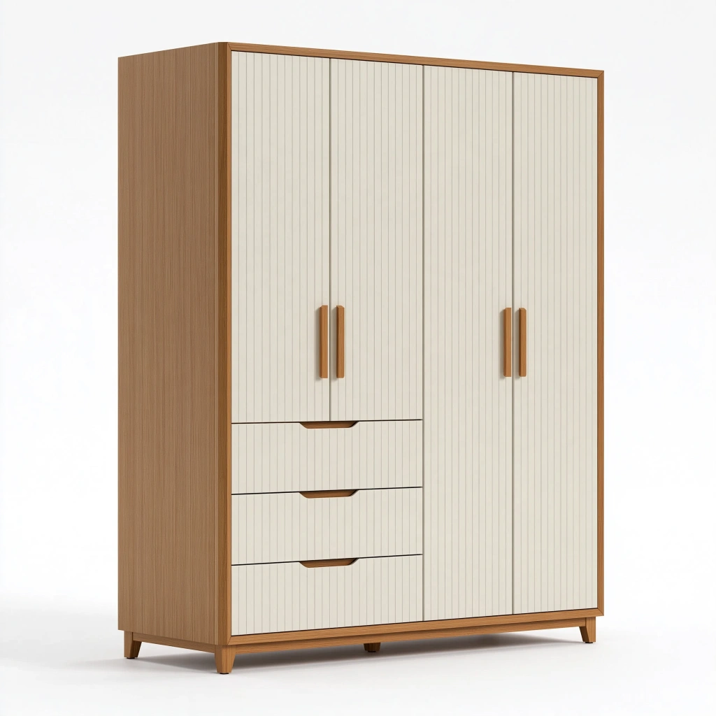 Armoire de rangement 160 x 55 x 200 cm blanc et bois à 4 portes avec 3 tiroirs style contemporain