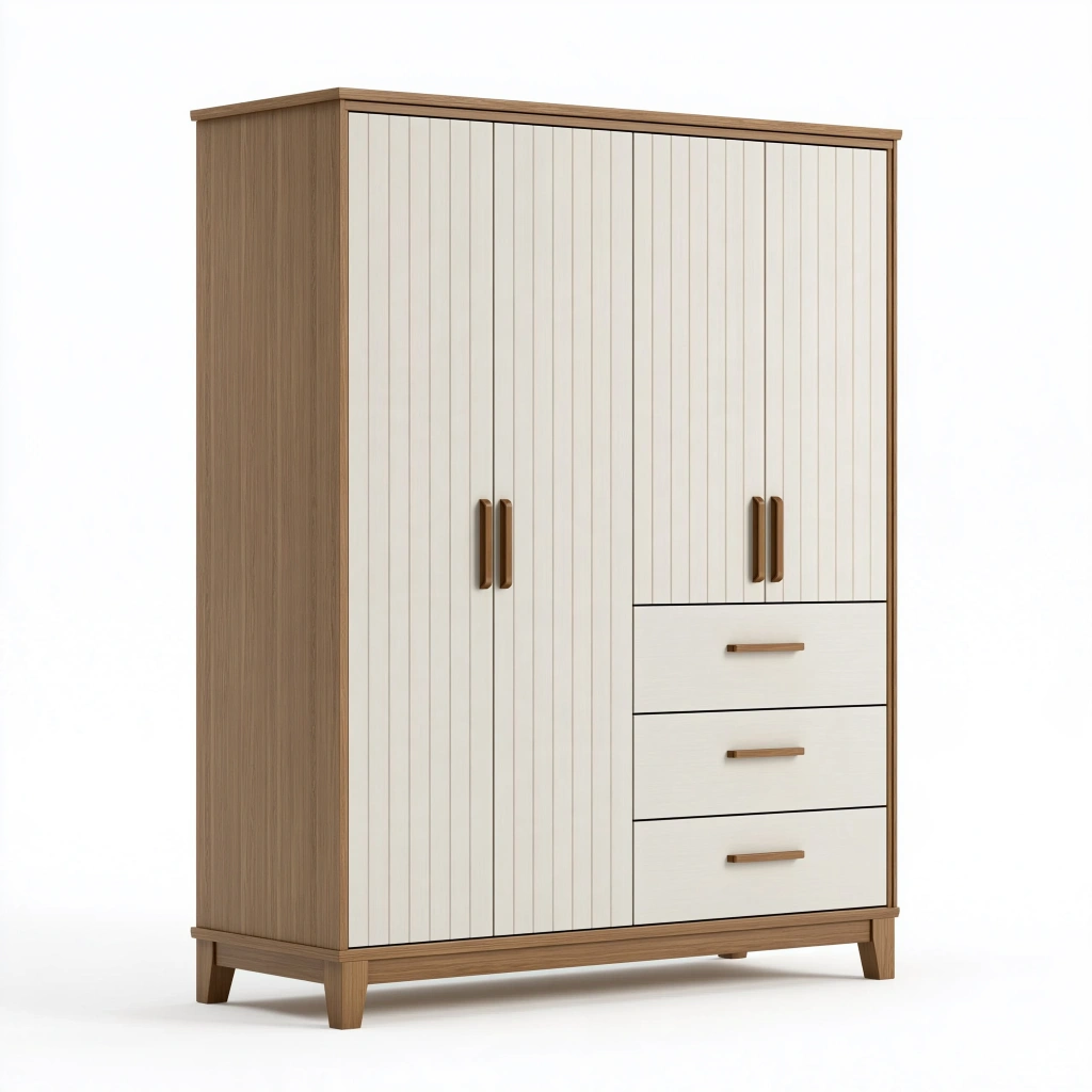 Armoire 120 x 50 x 190 cm en panneaux de bois blanc et bois clair avec 3 portes et 3 tiroirs