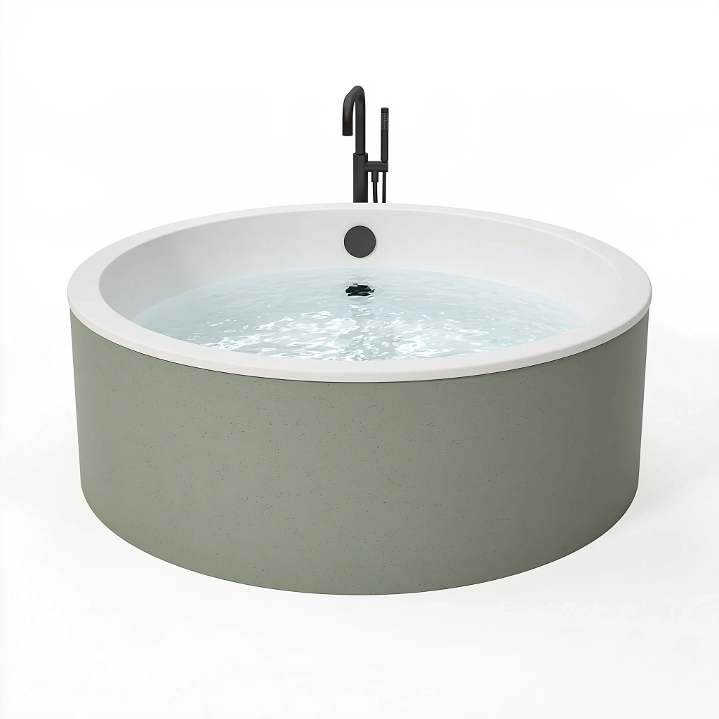 Baignoire îlot ronde diamètre 150 cm acrylique vert sauge et blanc style contemporain